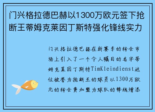 门兴格拉德巴赫以1300万欧元签下抢断王蒂姆克莱因丁斯特强化锋线实力